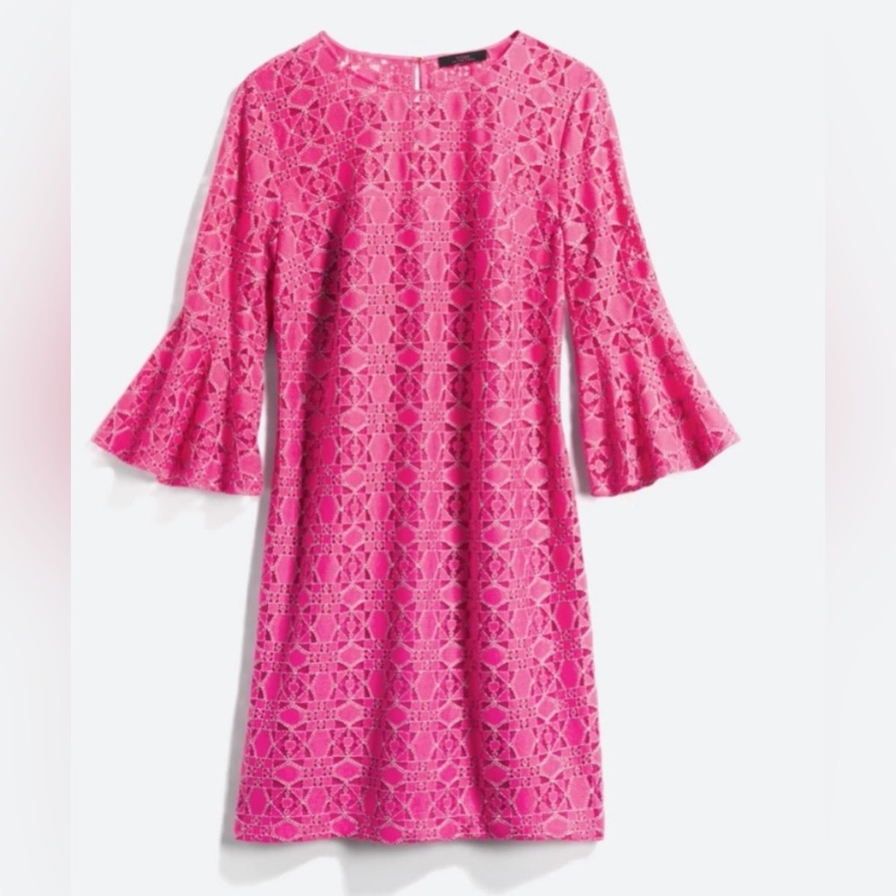 Trina Turk pink lace dress with bell sleeves, size 2